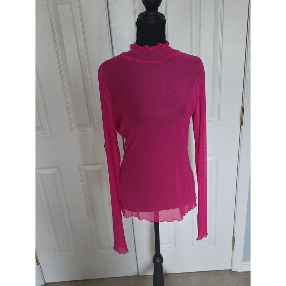 Sheer Long-Sleeve Mock Neck Top in Bright Fuchsia Pink